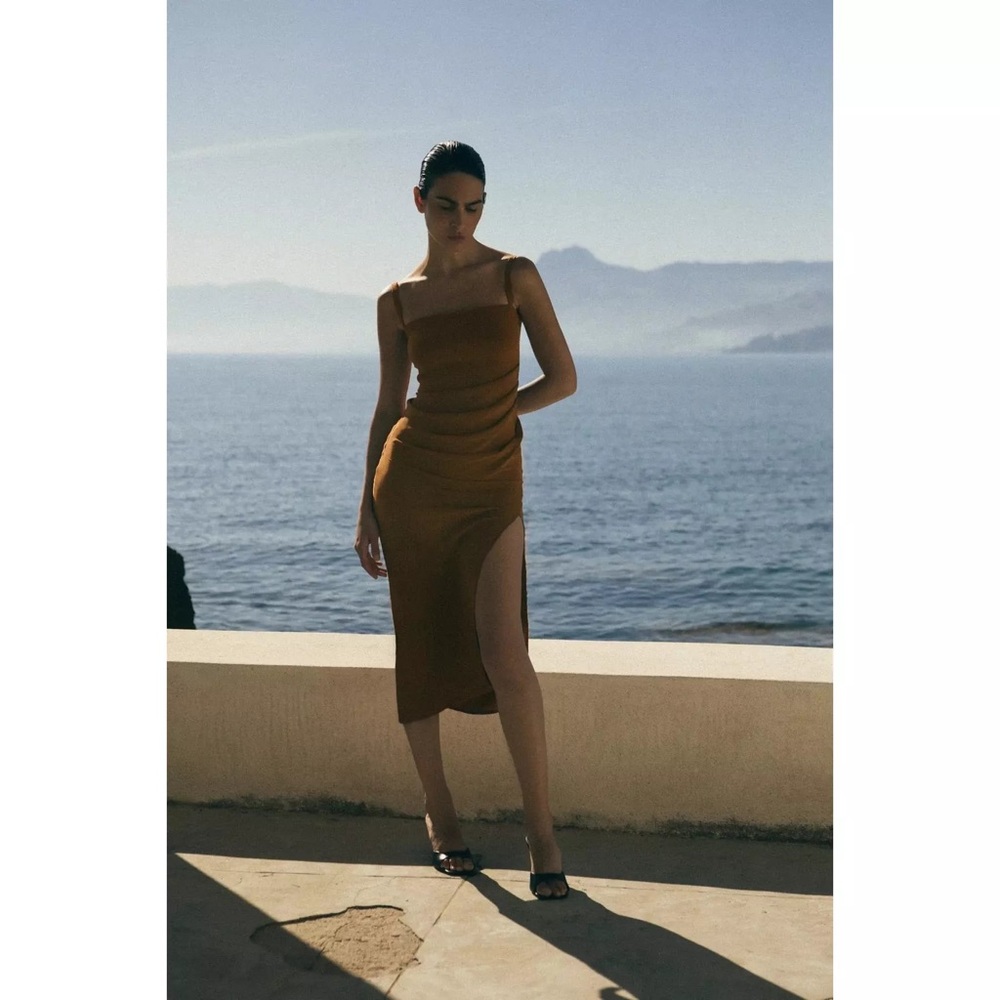 ANEMOS The Nadege Asymmetric Draped Midi Dress NWT XS in Tawny Brown